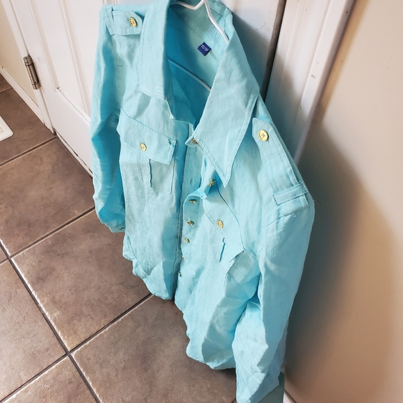 100% turquoise blue linen female shirt. - Picture 5 of 7